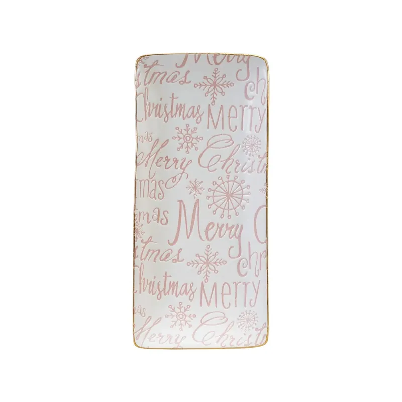Stoneware Tray with Gold Color Rim "Merry Christmas", Pink & White - Greenhouse Home
