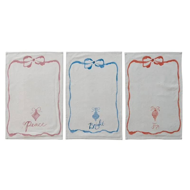 Cotton Printed Tea Towel with Bow, Ornament & Word, 3 Styles - Greenhouse Home