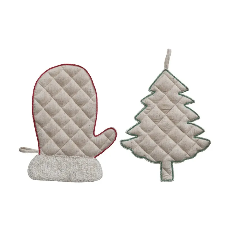 Quilted & Linen Mitten/Tree Shaped Pot Holder with Embroidery, 2 Styles - Greenhouse Home