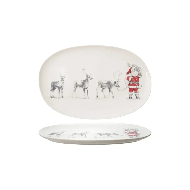 Oval Stoneware Serving Platter with Santa Leading Reindeer Image © - Greenhouse Home