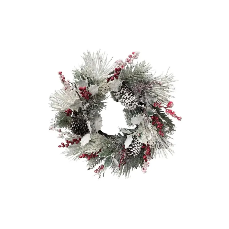Faux Pine & Holly Wreath with Red Berries & Pinecones, Snow Finish - Greenhouse Home