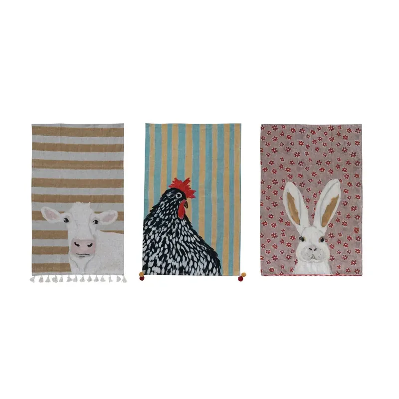 Cotton & Linen Printed Tea Towel with Pom Poms/Tassels - Greenhouse Home