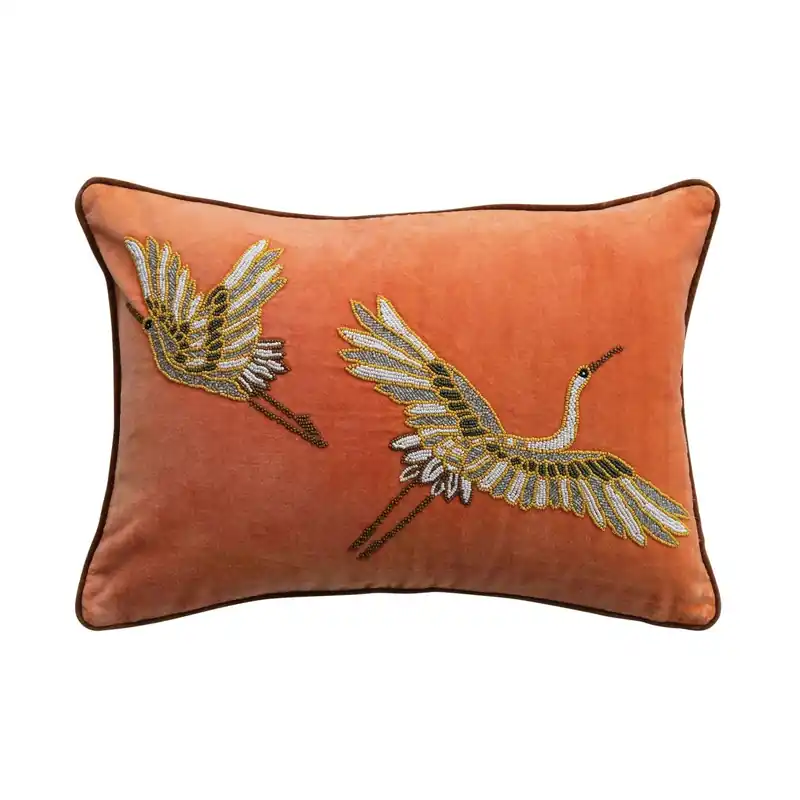 Velvet Lumbar Pillow with Beaded Cranes & Piping - Bloomingville