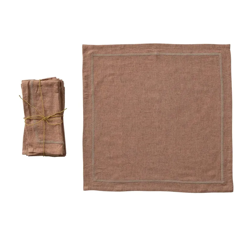 Embroidered Border Linen Blend Napkins - Bloomingville
