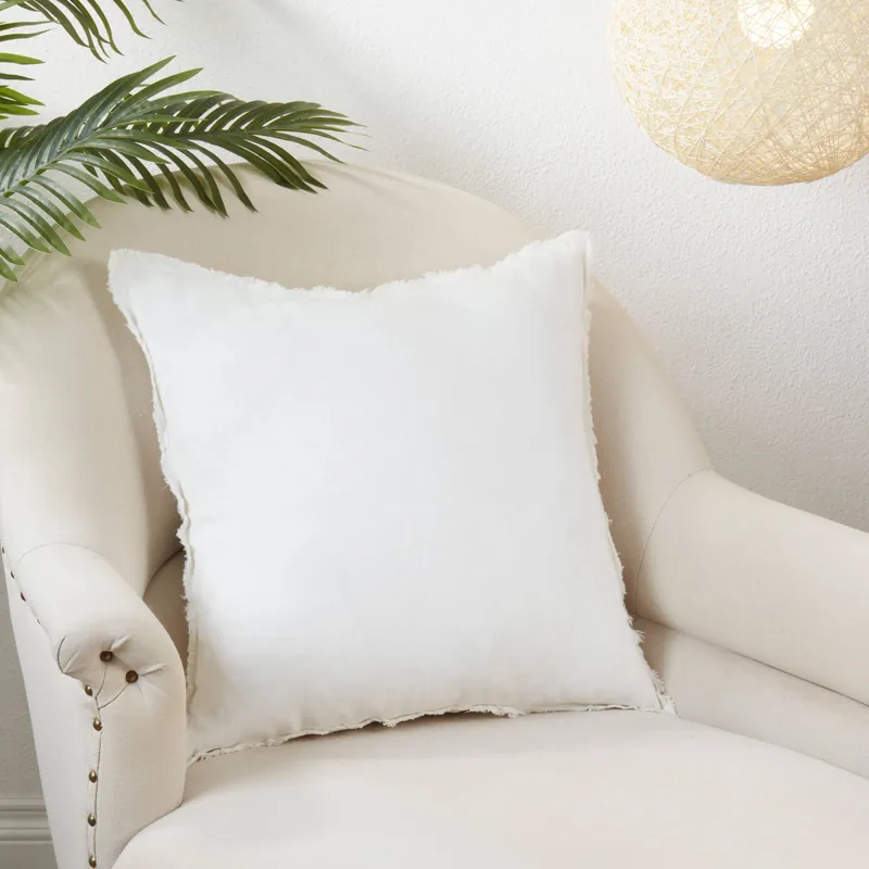 Fringed Linen Pillow – Down Filled: Ivory / 20" - Saro Lifestyle