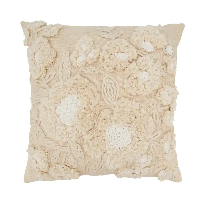 Delicate-Embroidered Floral Pillow: Natural / Poly Filled / 20"