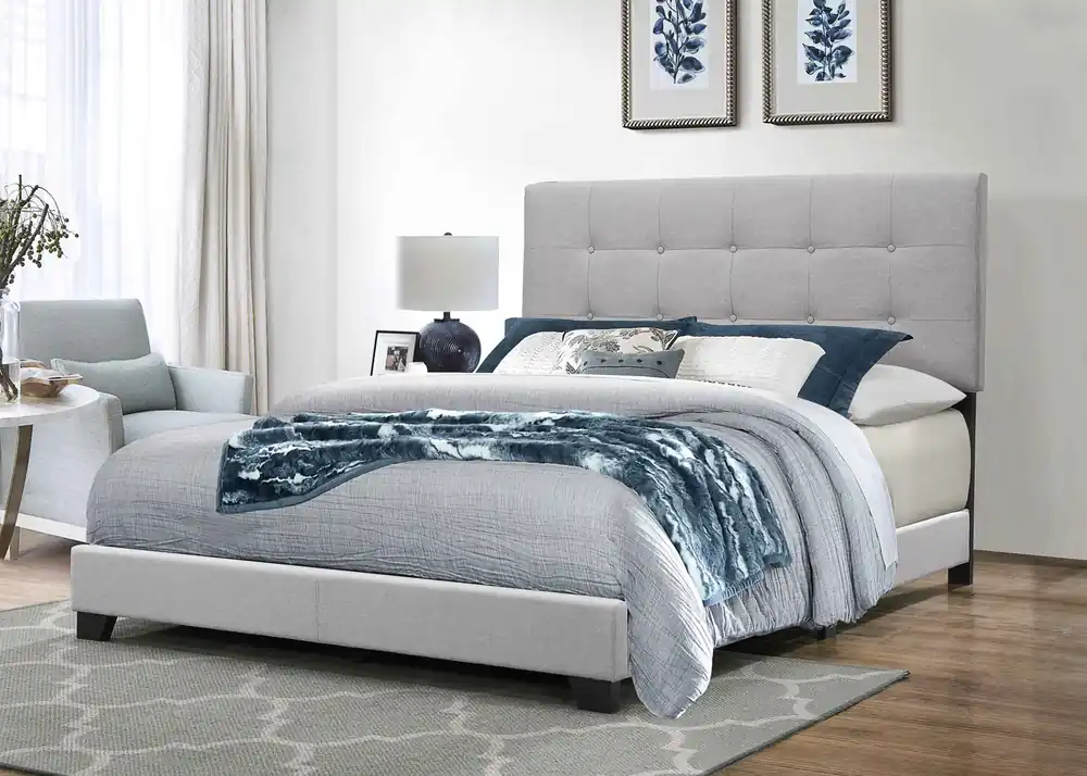 Light Gray Upholstered Panel Bed with Button-Tufted Headboard