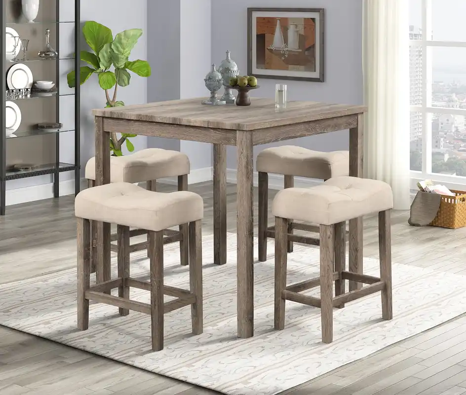 5-Piece Counter-Height Dining Set with Upholstered Backless Stools – Driftwood & Beige