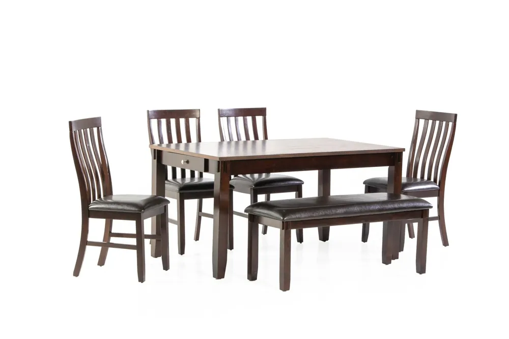 6-Piece Espresso Dining Room Set with Bench and Upholstered Chairs