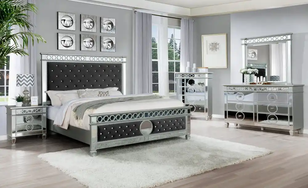 6 Piece Queen Bedroom Set with Mirrored Accents & Tufted Upholstery - Mollai Collections
