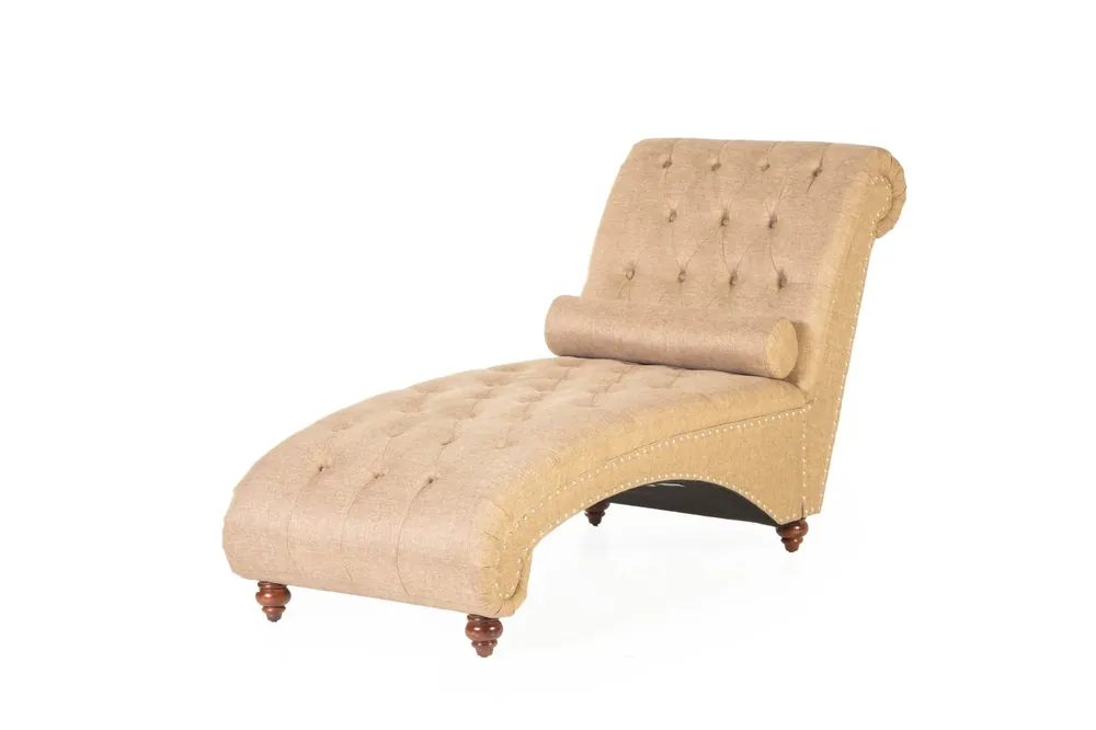 Light Brown Tufted Chaise Lounge with Nailhead Trim & Bolster Pillow - Sara Collections