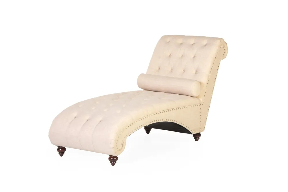 Beige Tufted Chaise Lounge with Nailhead Trim & Bolster Pillow - Sara Collections
