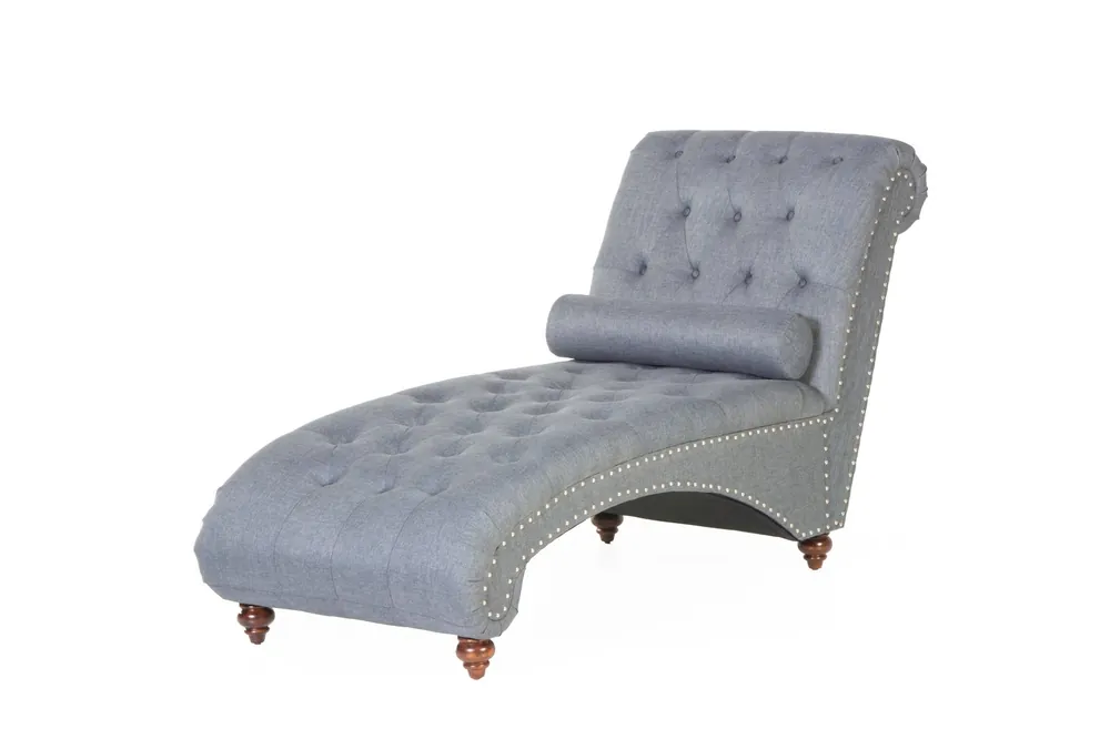 Gray Tufted Chaise Lounge with Nailhead Trim & Bolster Pillow - Sara Collections