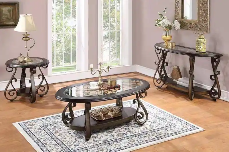 3-Piece Living Room Coffee Table Set with Glass Tops & Curved Metal Legs