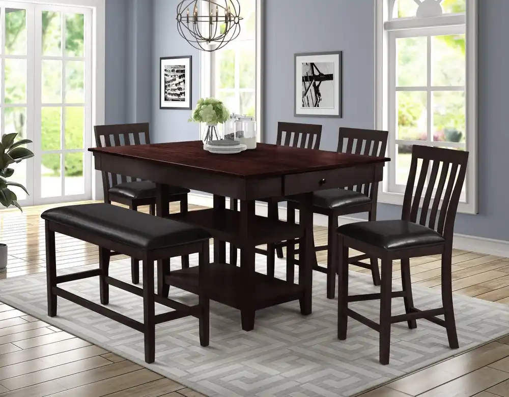 Espresso 6-Piece Counter-Height Dining Set - Storage Table + 4 Stools + Bench