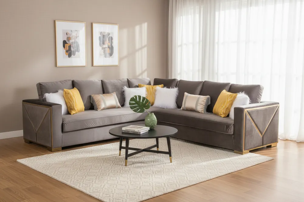 Brown Velvet Sectional Sofa with Gold Trim & Accent Pillows - Sara Collections