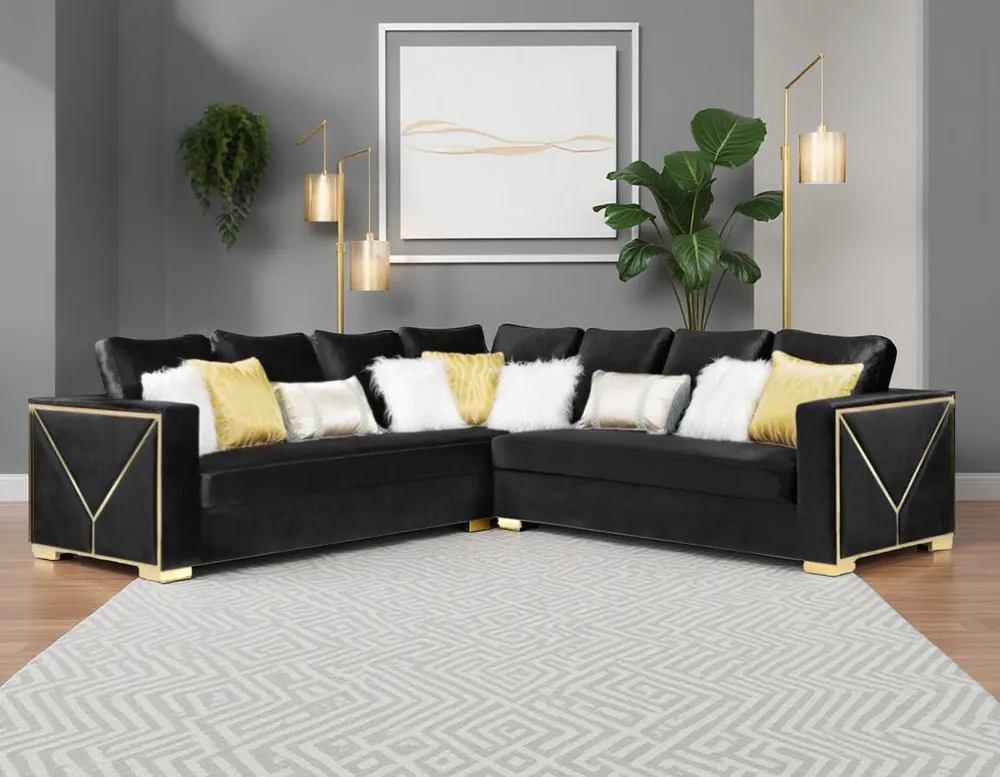 Black Velvet Sectional Sofa with Gold Trim & Accent Pillows - Sara Collections