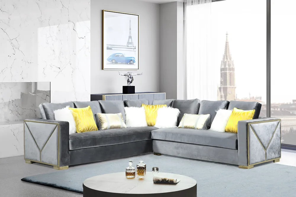 Modern Gray Velvet Sectional Sofa with Gold Trim & Accent Pillows - Sara Collections