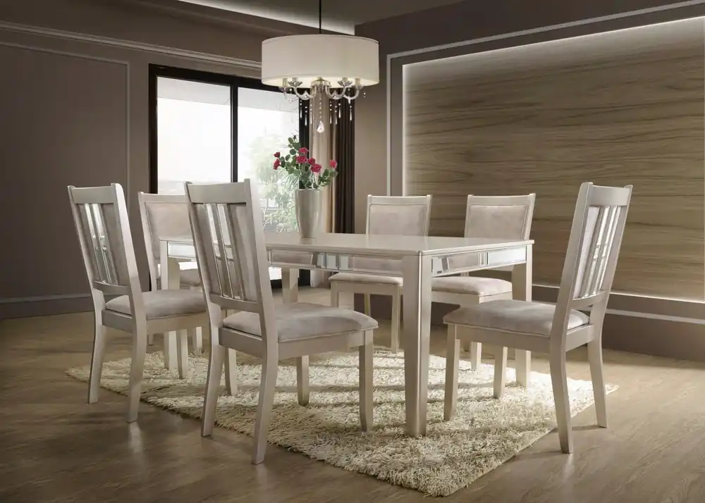 Rose Gold 7-Piece Dining Set with Mirror-Inset Table & Upholstered Chairs