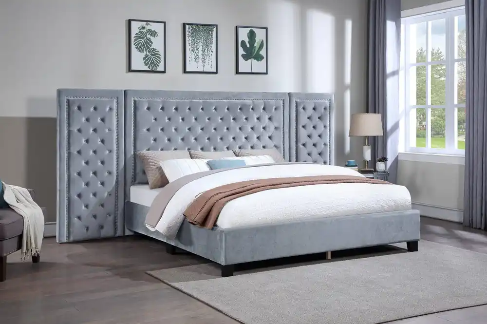 Silver Gray Velvet 3-Piece Queen Panel Bed with Extended Tufted Headboard