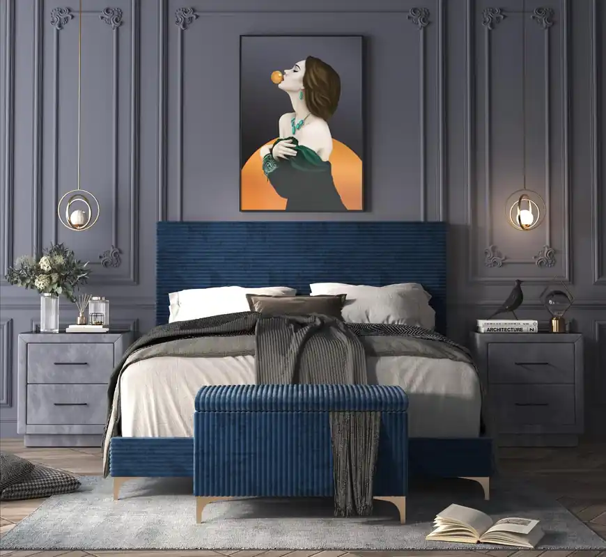 Midnight Blue Velvet Queen Bed with Storage Bench - Mollai Collections