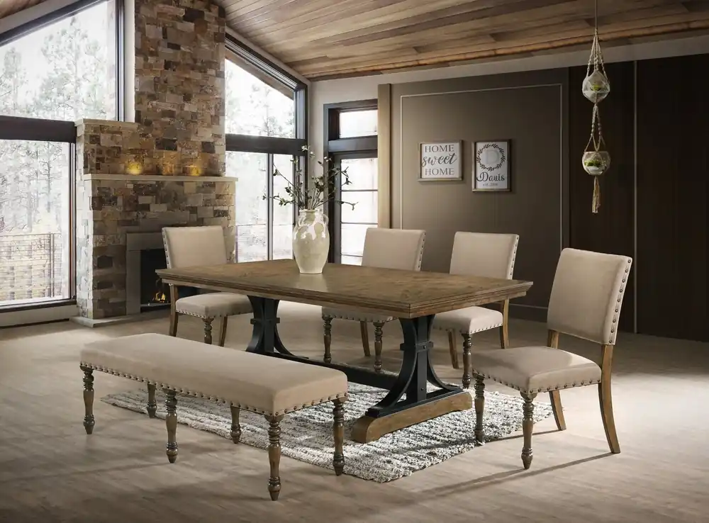 Brown 6-Piece Trestle Dining Set with Bench - Antique Dark Oak Top, Upholstered Chairs & Nailhead Trim