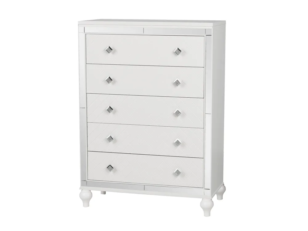 Glam White Diamond-Textured 5-Drawer Chest with Crystal-Style Knobs
