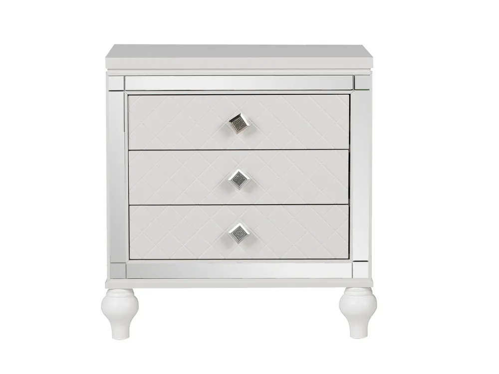 Modern Glam White 3-Drawer Nightstand with Diamond-Textured Fronts & Crystal Knobs