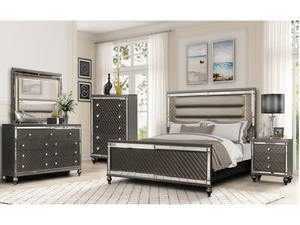 Glam Mirrored 6-Piece Bedroom Set (Bed, Dresser, Mirror & Nightstand)