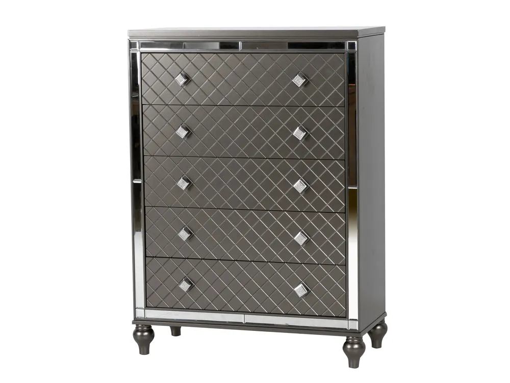 Gunmetal Mirrored 5-Drawer Chest with Diamond Pattern Fronts