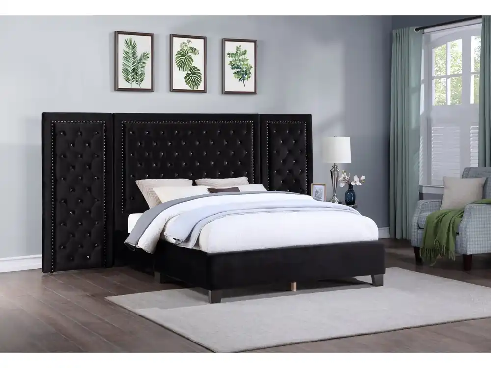 Black Velvet Queen Bed with Tufted Panel Headboard and Nailhead Trim - Mollai Collections