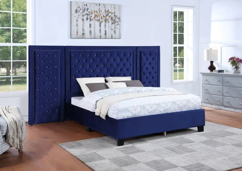 Blue Glam Upholstered Bed with Tufted Panel Headboard - Mollai Collections