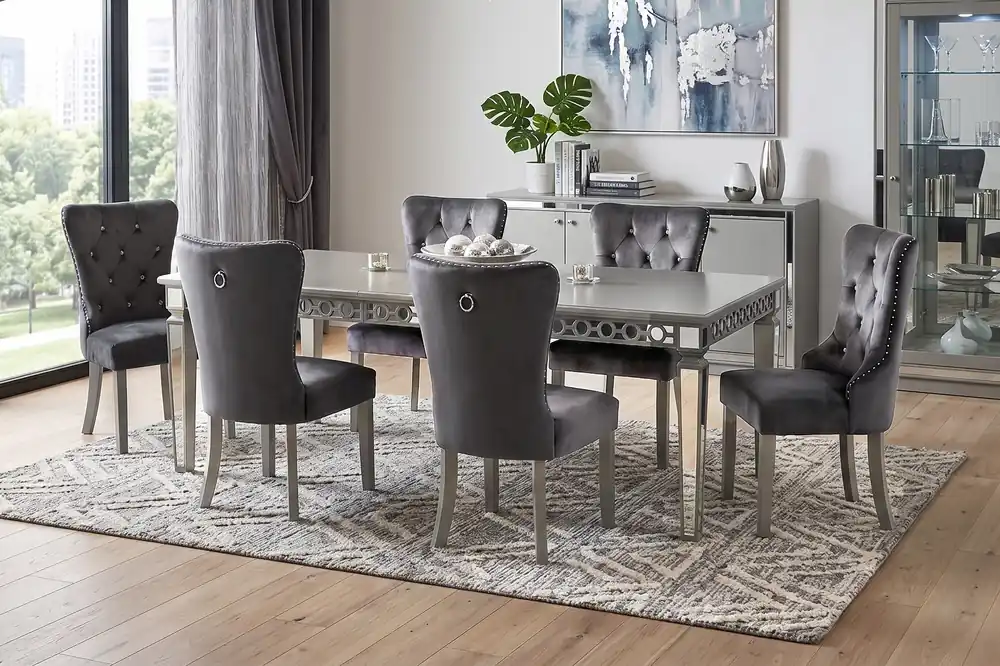 Silver Glam Extendable 7 Piece Dining Room Set with Grey Velvet Tufted Chairs - Mollai Collections