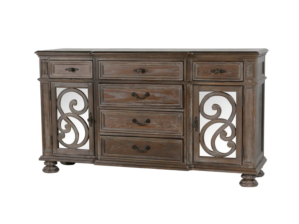Reclaimed Grey Oak Scroll-Panel Server / Sideboard (7-Drawer)
