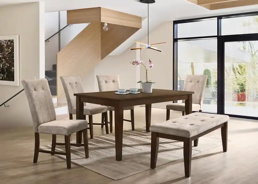 Transitional Brown Cherry 6-Piece Dining Set – 67" Table, Tufted Beige Upholstered Chairs & Bench