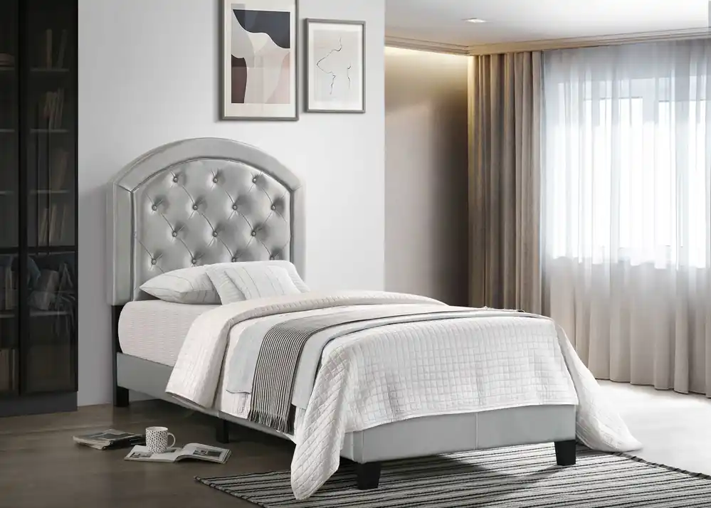 Silver Tufted Upholstered Youth Bed — Arched Headboard (Full) - Mollai Collections