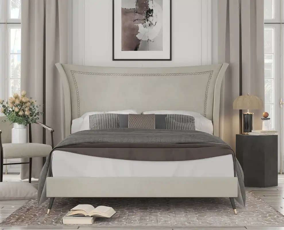 Fog Upholstered Wingback Bed with Nailhead Trim - Mollai Collections