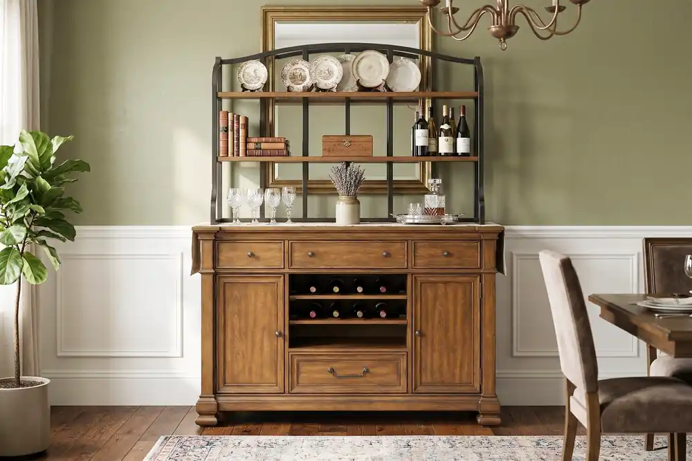 Brown Hutch & Buffet with Wine Storage and Removable Shelves - Mollai Collections