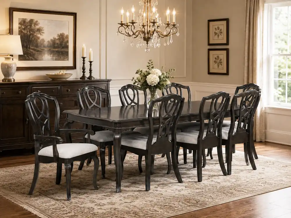 9-Piece Traditional Dining Set in Espresso (Table + 8 Upholstered Chairs)