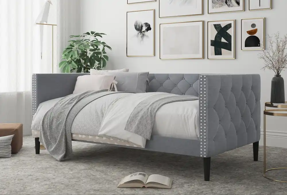 Gray Tufted Upholstered Twin Daybed with Nailhead Trim - Mollai Collections