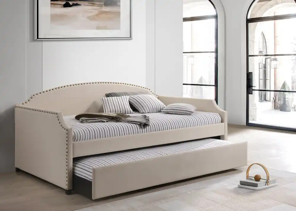 Ivory Upholstered Twin Daybed with Trundle & Nailhead Trim - Mollai Collections