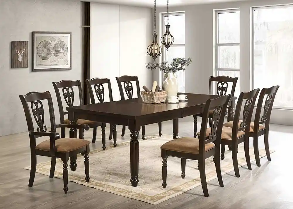 Traditional Cappuccino 9-Piece Extendable Dining Table Set with Upholstered Chairs