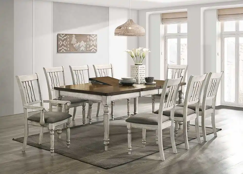 9-Piece Farmhouse Dining Set with Turned Legs and Upholstered Chairs
