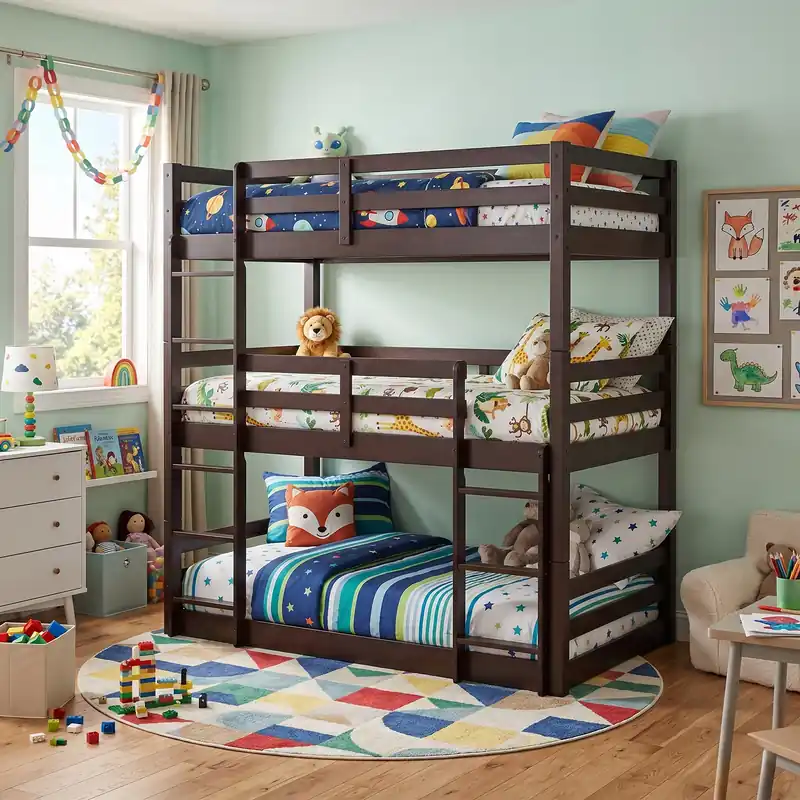 Espresso Triple Twin Bunk Bed with Ladders & Guardrails - Mollai Collections