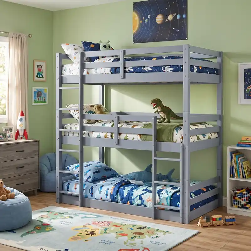 Gray Triple Twin Bunk Bed with Safety Rails & Dual Ladders - Mollai Collections