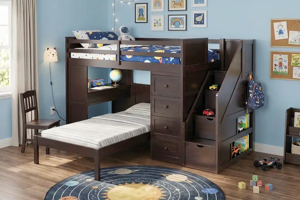 Twin Bunk Bed Set with Storage Stairs, Desk, and Chair – Espresso Finish - Mollai Collections