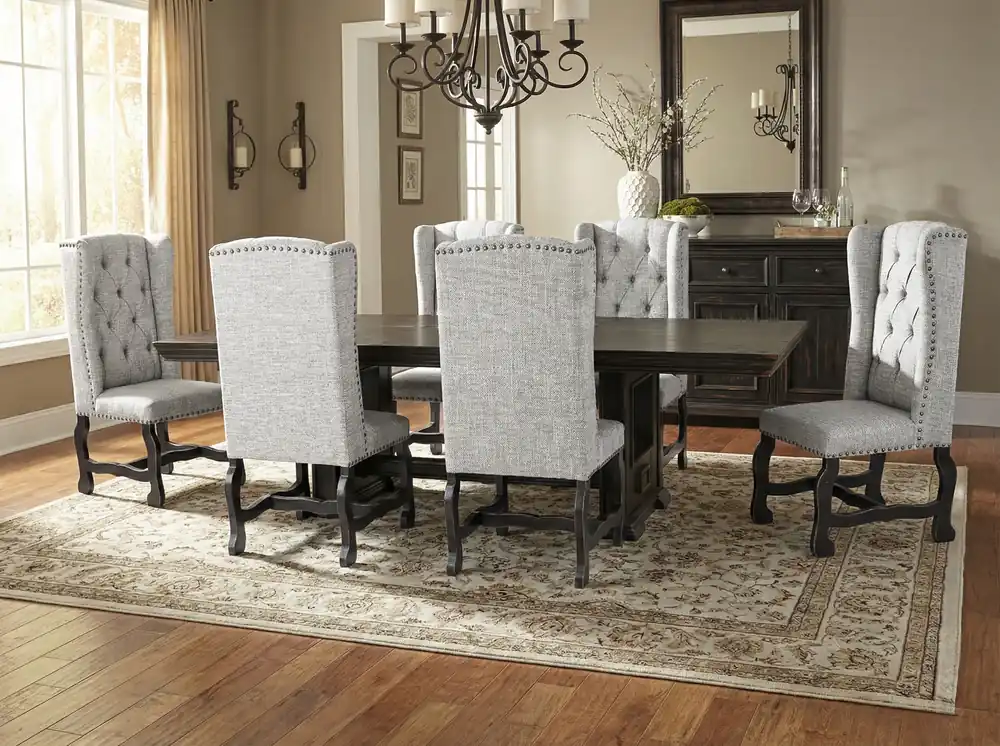 Traditional Dark Wood Dining Table Set with Light Gray Tufted Nailhead Chairs - Mollai Collections