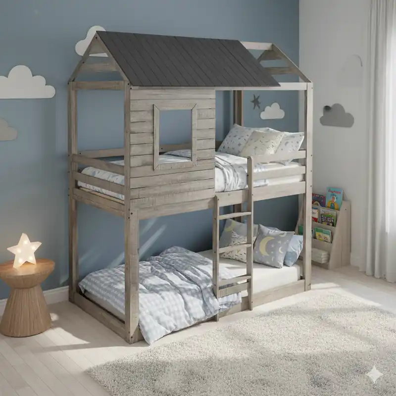 Twin over Twin House Bunk Bed with Dark Gray Roof - Mollai Collections