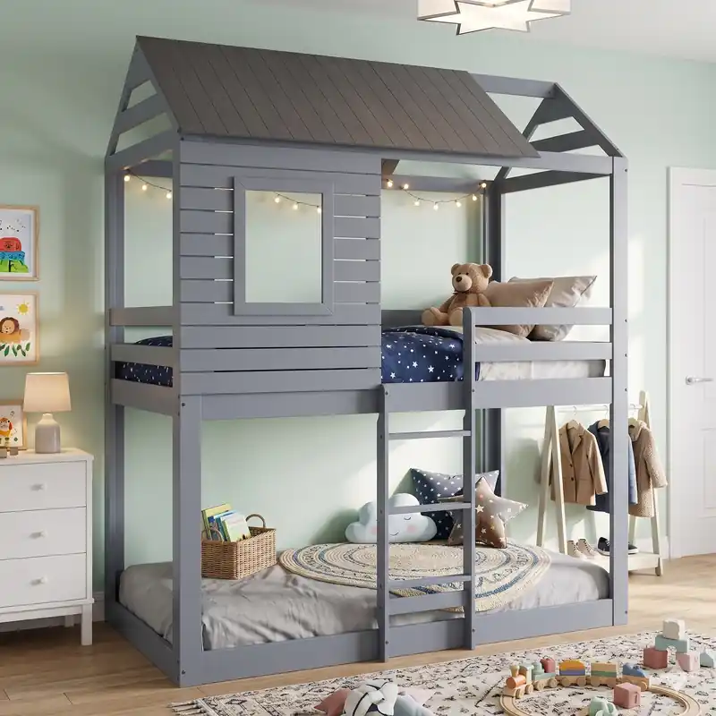 Light Gray Twin House Bunk Bed with Dark Gray Roof - Mollai Collections