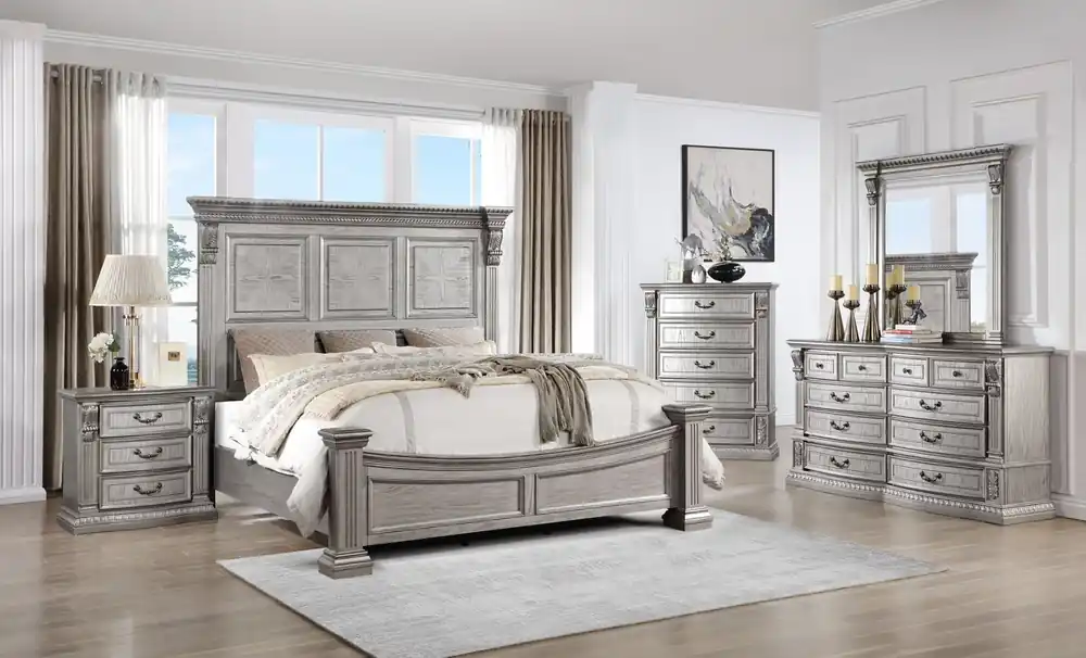 Platinum Ornate Panel 6-Piece Bedroom Set with Storage & Mirror